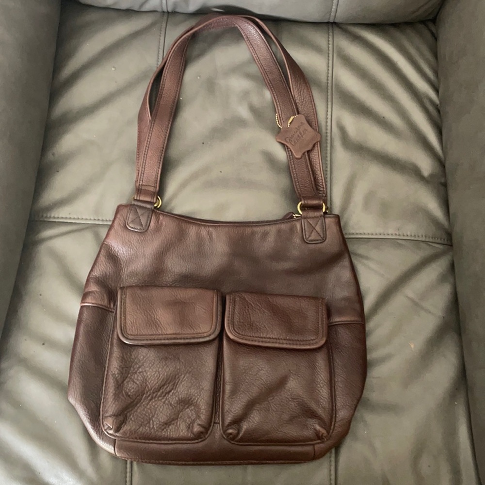 Brown leather shoulder bag with gold hardware